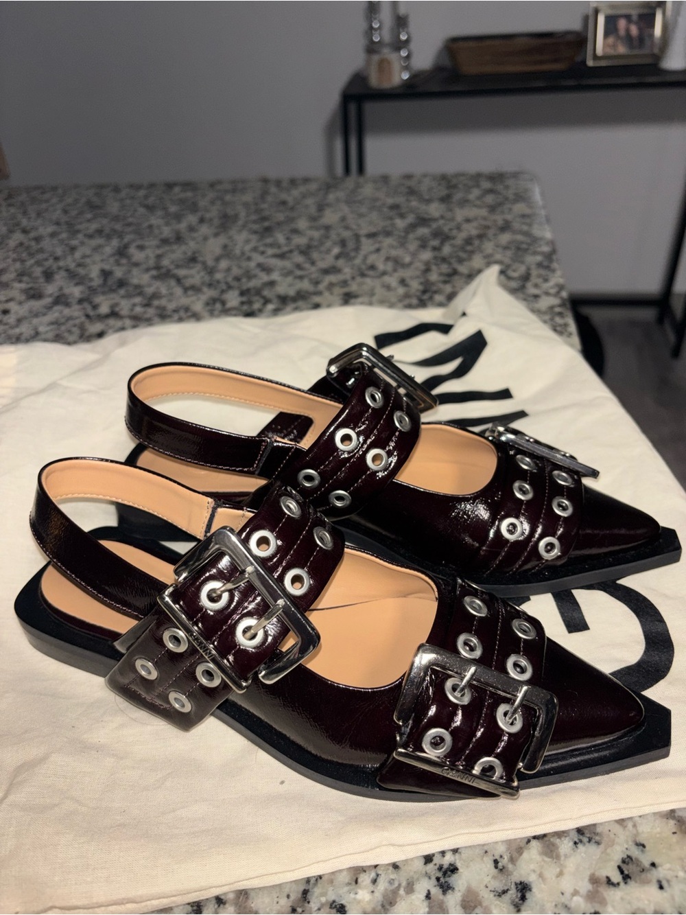 Ganni Burgundy Patent Slingback Flats with Silver Buckles